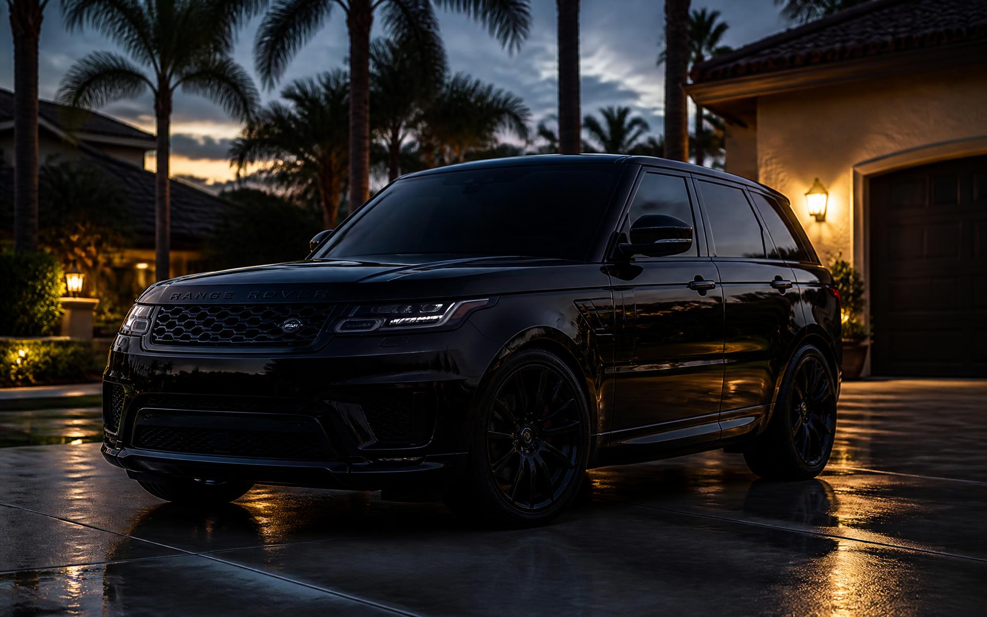 Freshly detailed black SUV glowing in a driveway at dusk